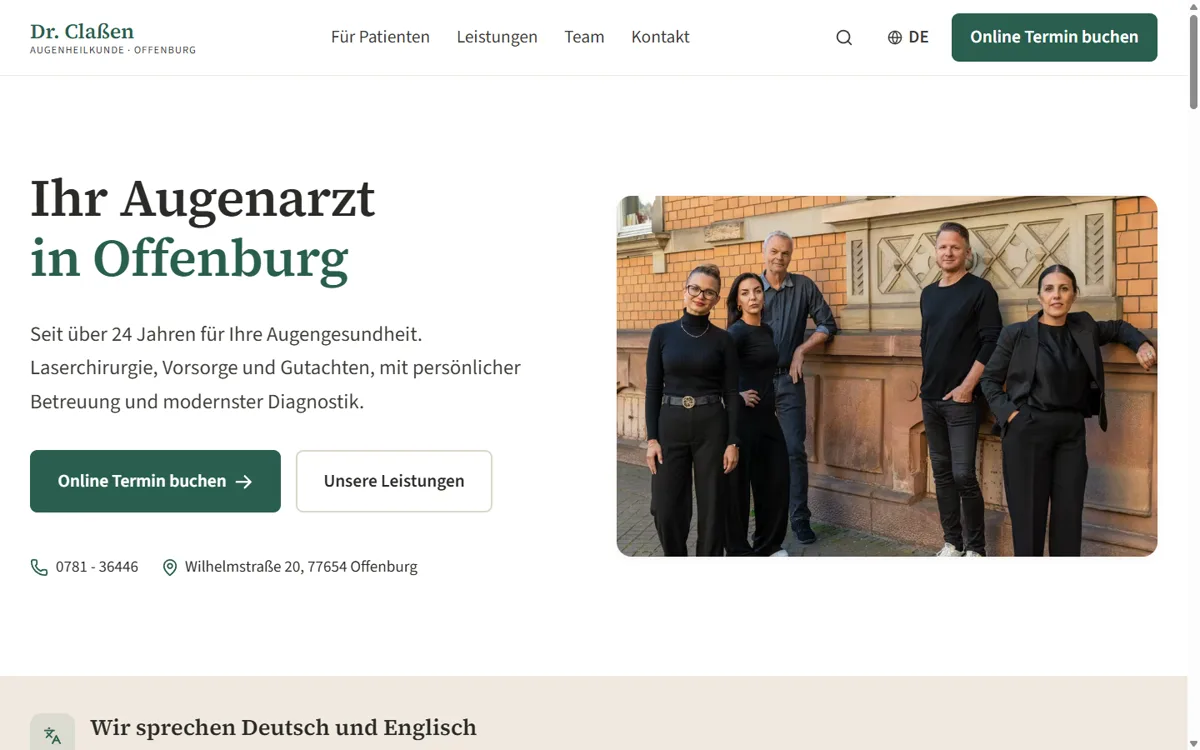 Top section of augenzentrumsuedbaden.de with team photo and online booking